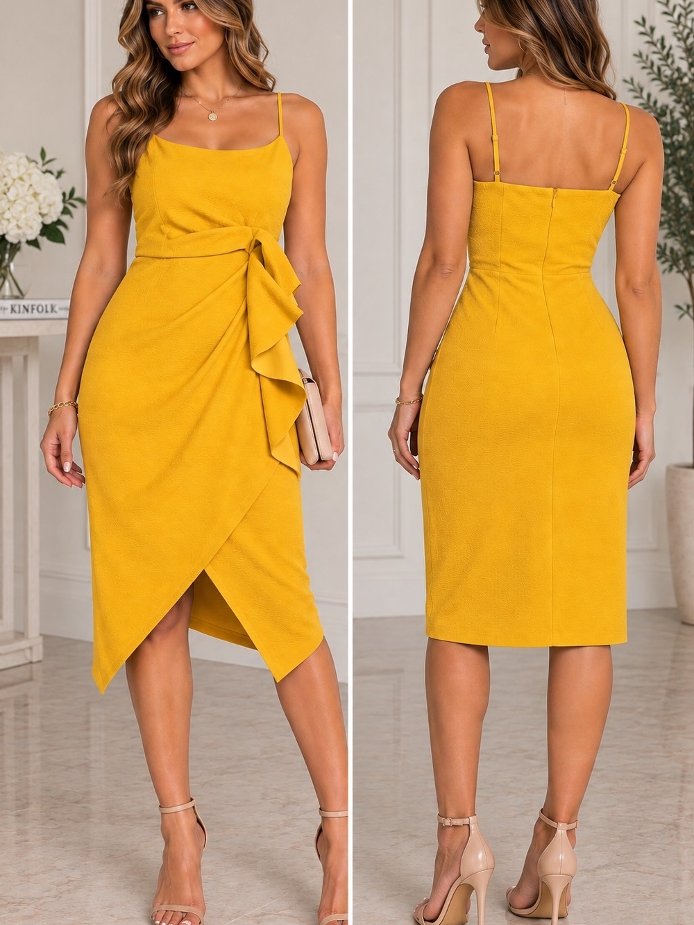 Sleeveless Mustard Yellow Ruffle Wrap Midi Dress